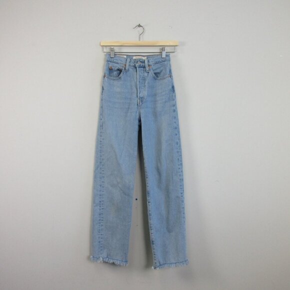 Levi's Ribcage Straight Women's Jeans 24 Blue Raw Hem Light Wash Denim Y2K 628 - Picture 1 of 14